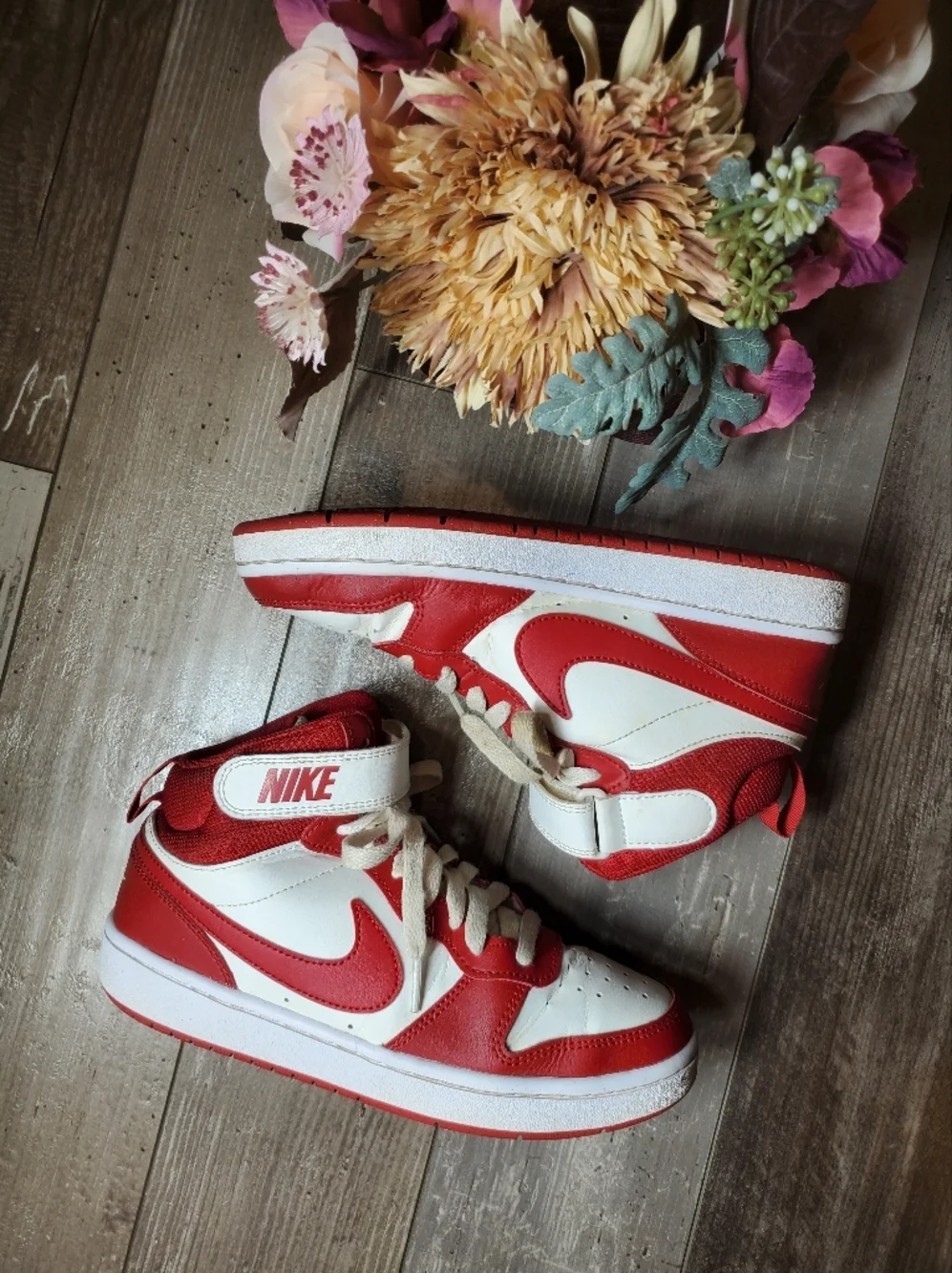 Nike Kids' Court Borough Mid 2 Red and White High-Top Sneakers Size 5Y Boy